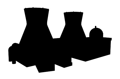 Computer generated 2D illustration with the silhouette of a nuclear power plant