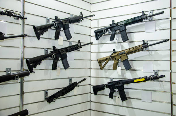 istock Gun wall rack with rifles 1182677860