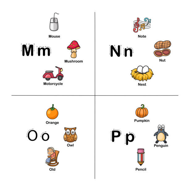 알파벳 문자 m-n-o-p - book sheet student for stock illustrations