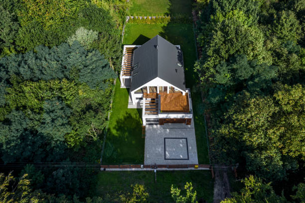 istock Designed modern house, aerial view 1182682410