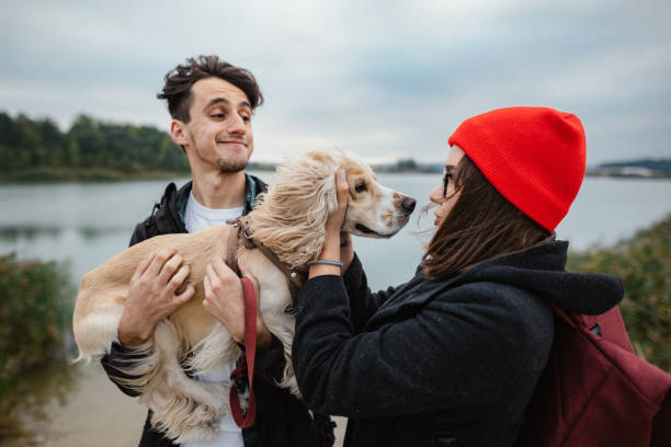 istock The couple is playing with their dog in the fall 1182682847