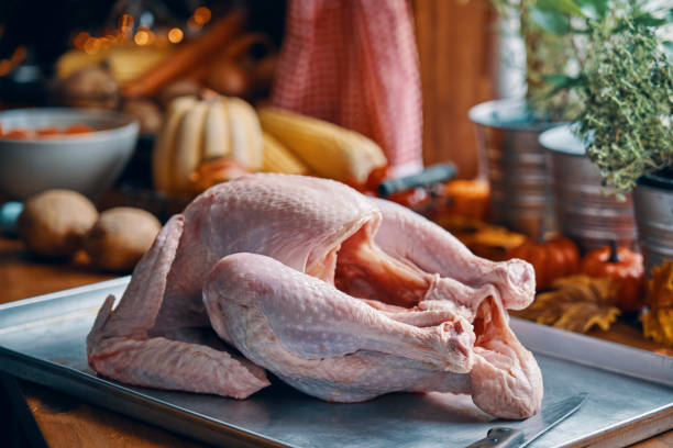 istock Preparing Stuffed Turkey for Holidays in Domestic Kitchen 1182683226