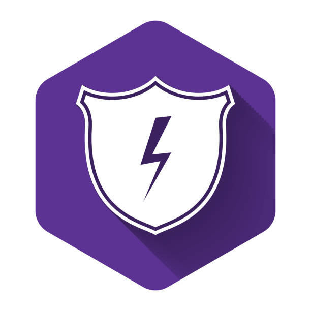 ilustrações de stock, clip art, desenhos animados e ícones de white secure shield with lightning icon isolated with long shadow. security, safety, protection, privacy concept. purple hexagon button. vector illustration - honor guard flash