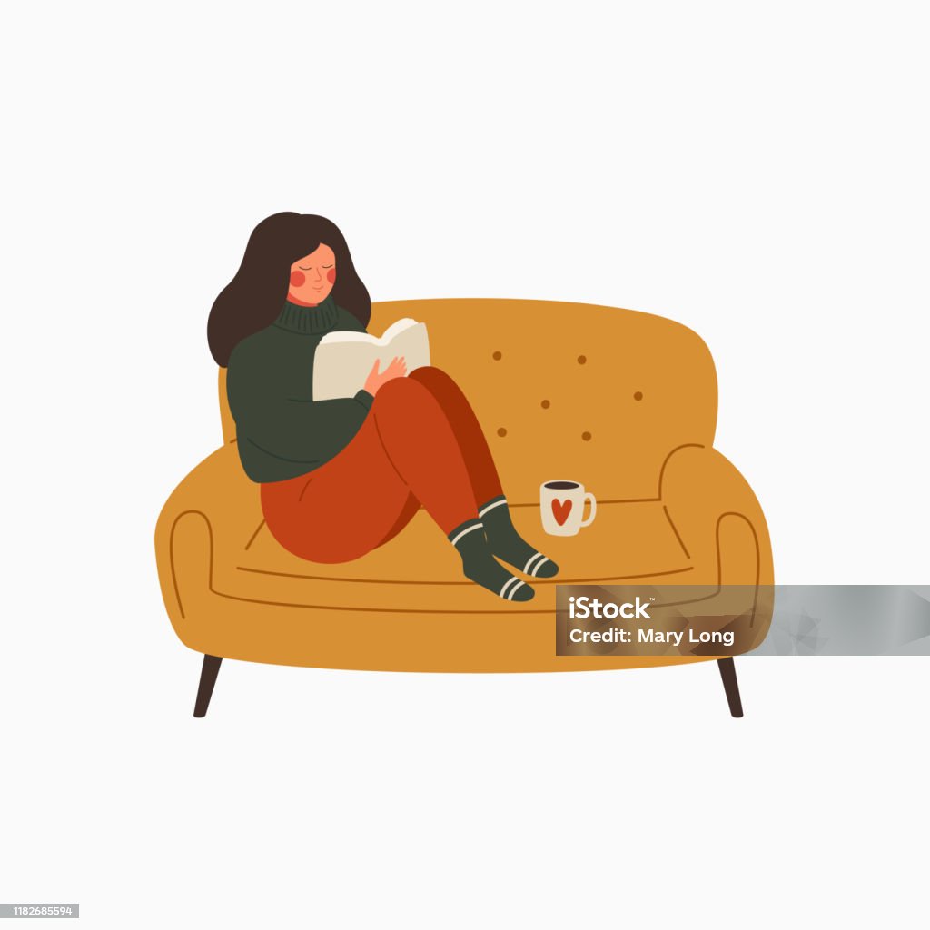 young woman dressed in a warm sweater sits on the couch and reads a book. young woman dressed in a warm sweater sits on the couch and reads a book. The girl is resting at home and drinking coffee. Character vector illustration Reading stock vector