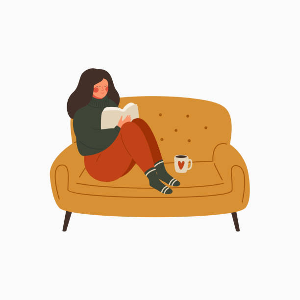 young woman dressed in a warm sweater sits on the couch and reads a book. young woman dressed in a warm sweater sits on the couch and reads a book. The girl is resting at home and drinking coffee. Character vector illustration relaxation illustrations stock illustrations