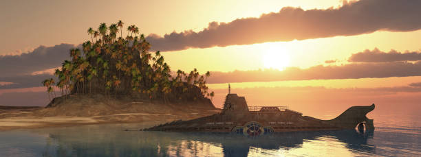 istock Fantasy submarine and tropical island at sunset 1182685646
