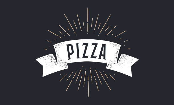 Ribbon Pizza. Old school ribbon banner with text Pizza Ribbon Pizza. Old school ribbon banner with text Pizza. Ribbon flag in vintage style with linear drawing light rays, sunburst and rays of sun, text Pizza. Hand drawn design element. Vector Illustration pics for pizza pizza logo stock illustrations
