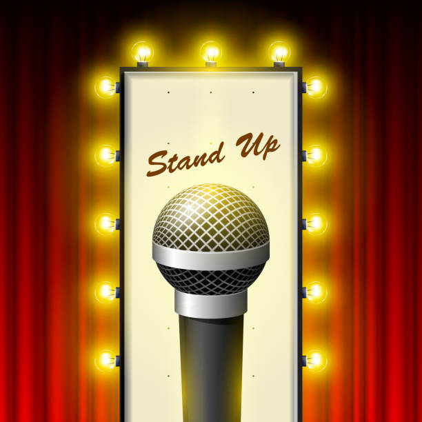 stand up comedy show - mikrofon und retro-kino-festzelt über drop-vorhang - theater marquee movie stage theater sign stock-grafiken, -clipart, -cartoons und -symbole