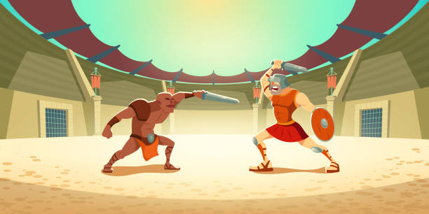 illustrazioni stock, clip art, cartoni animati e icone di tendenza di scontro tra gladiatori e barbari sull'arena del colosseo - gladiator sword warrior men