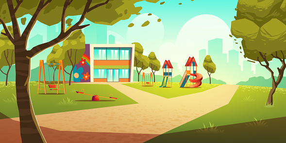 Kindergarten kids playground, empty area for children with nursery school colorful building, green grass, slides and swings for playing and recreation fun at summer time Cartoon vector illustration