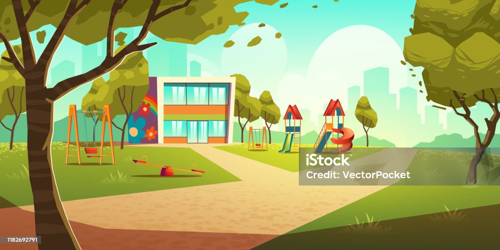 Kindergarten kids playground, empty children area Kindergarten kids playground, empty area for children with nursery school colorful building, green grass, slides and swings for playing and recreation fun at summer time Cartoon vector illustration Public Park stock vector