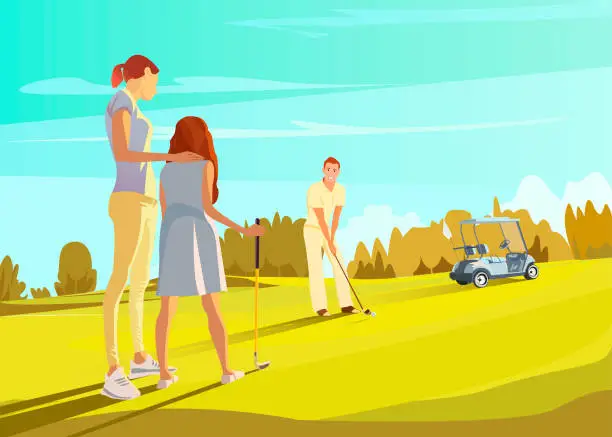 Vector illustration of Father teaching his daughter to play Golf.