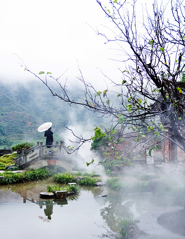 Chinese woman standing on bridge of lake