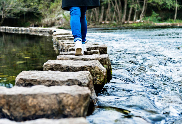 istock Woman crossing stepping stones on a river 1182694131
