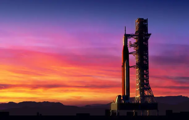 Space Launch System On Launchpad Over Background Of Pink Clouds. 3D Illustration.
