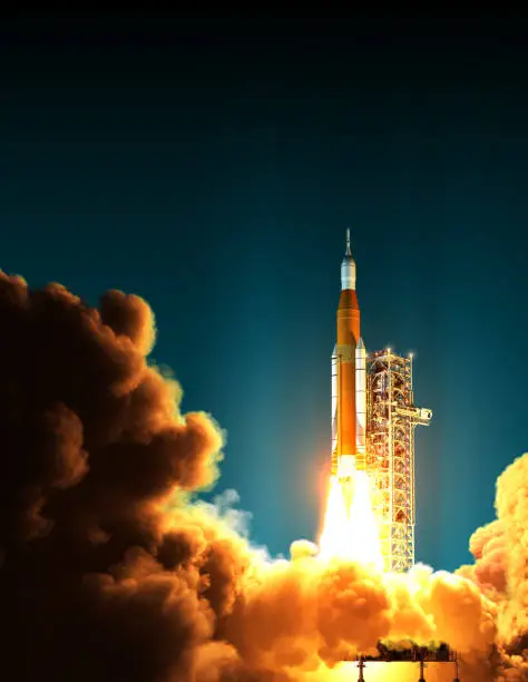 Night Take Off Of Space Launch System. 3D Illustration.