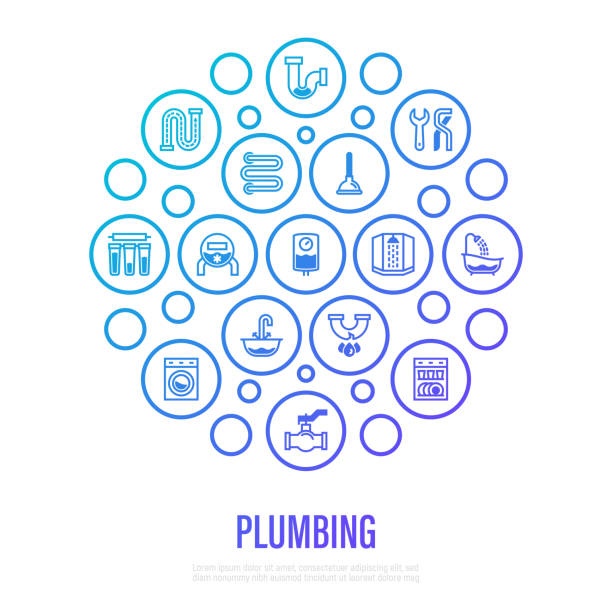 Plumbing concept in circle shape. Thin line icons: water meter, bathtub, sink, water filter, faucet, washing machine, dishwasher, siphon, pipe, ball valve. Vector illustration, template for mailing. Plumbing concept in circle shape. Thin line icons: water meter, bathtub, sink, water filter, faucet, washing machine, dishwasher, siphon, pipe, ball valve. Vector illustration, template for mailing. water filter stock illustrations