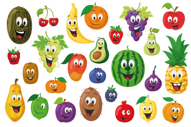 Fruits Characters Collection: Set of 26 different fruits in cartoon style Vector illustration Fruits Characters Collection: Set of 26 different fruits in cartoon style Vector illustration pomegranate in spanish stock illustrations