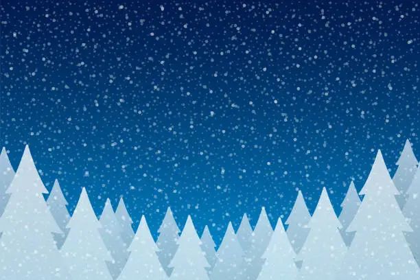 Vector illustration of Snowfall - Tranquil Christmas scene with falling snow and fir trees