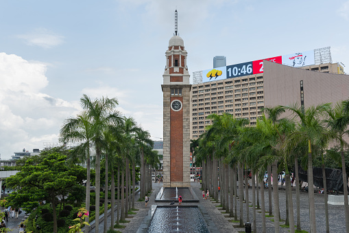 Hong Kong, China - October 23, 2019: The Clock Tower is a landmark in Hong Kong. It is located on the southern shore of Tsim Sha Tsui district.