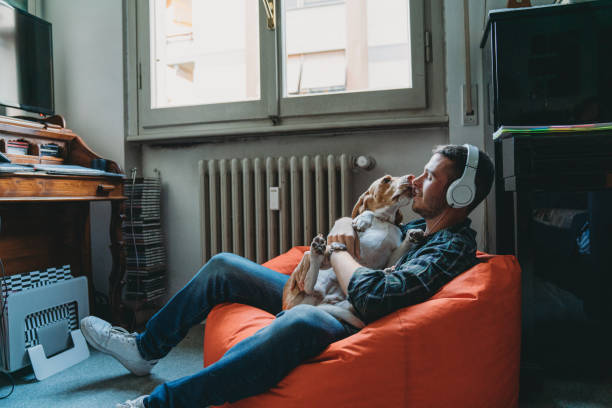 young adult man listening to music in his bedroom with his dog - white dog audio imagens e fotografias de stock