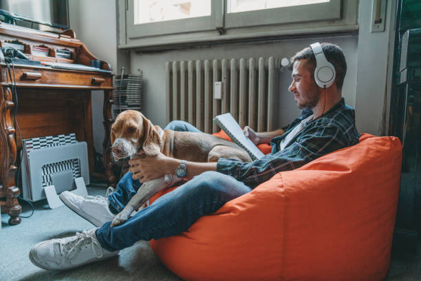 young adult man reading and listening to music in his bedroom with his dog - white dog audio imagens e fotografias de stock