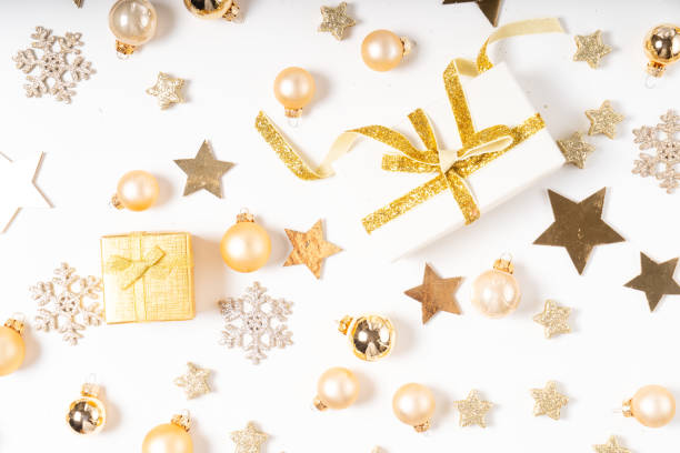 istock Christmas flat lay scene with golden decorations 1182704238