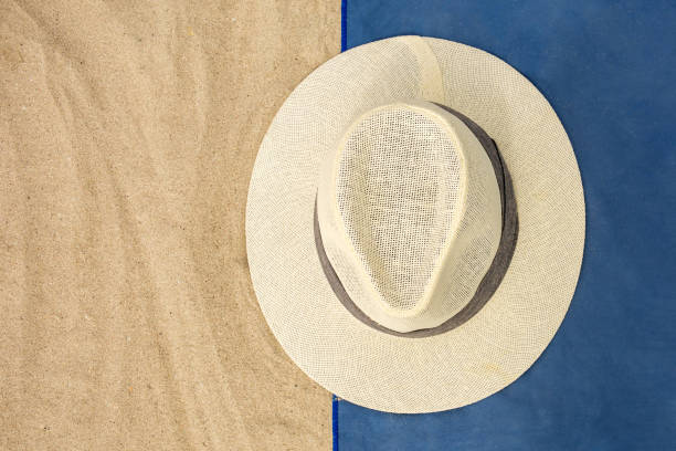 istock top view of sandy beach with towel frame and white hat 1182706214