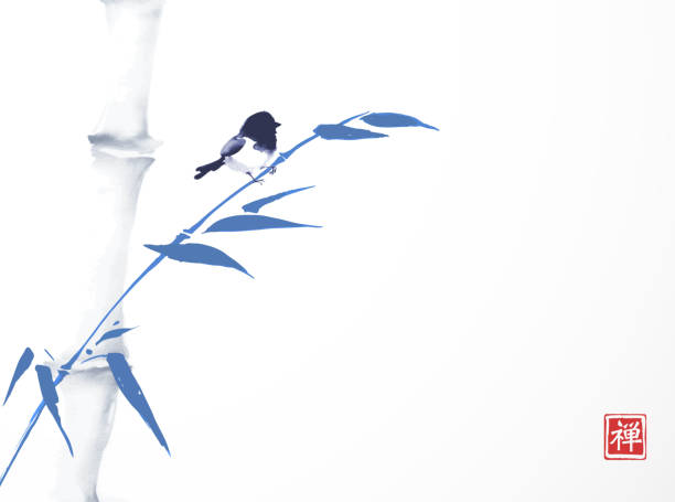 istock Blue bamboo tree and little bird hand drawn with ink in minimalist style on white background. Traditional oriental ink painting sumi-e, u-sin, go-hua. Hieroglyph - zen 1182706644