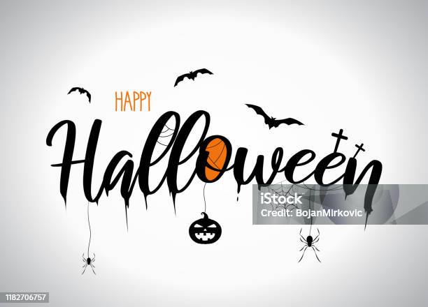 Halloweenowe Napisy Z Latającymi Nietoperzami Dynią Pająkiem Wektor - Stockowe grafiki wektorowe i więcej obrazów Halloween