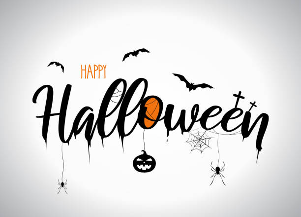 ilustrações de stock, clip art, desenhos animados e ícones de halloween lettering with flying bats, pumpkin, spider. vector - cross spider
