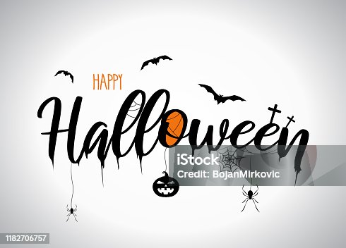 istock Halloween lettering with flying bats, pumpkin, spider. Vector 1182706757