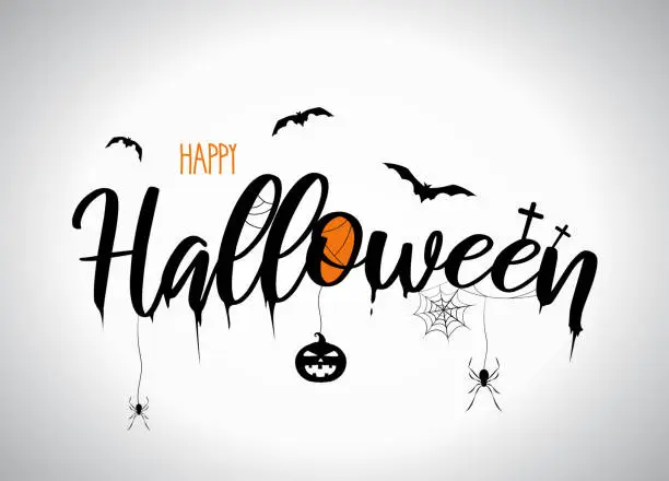 Vector illustration of Halloween lettering with flying bats, pumpkin, spider. Vector
