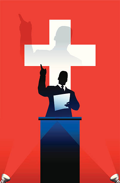 illustrazioni stock, clip art, cartoni animati e icone di tendenza di politica altoparlante su sfondo bandiera della svizzera - people in the background swiss culture swiss flag switzerland