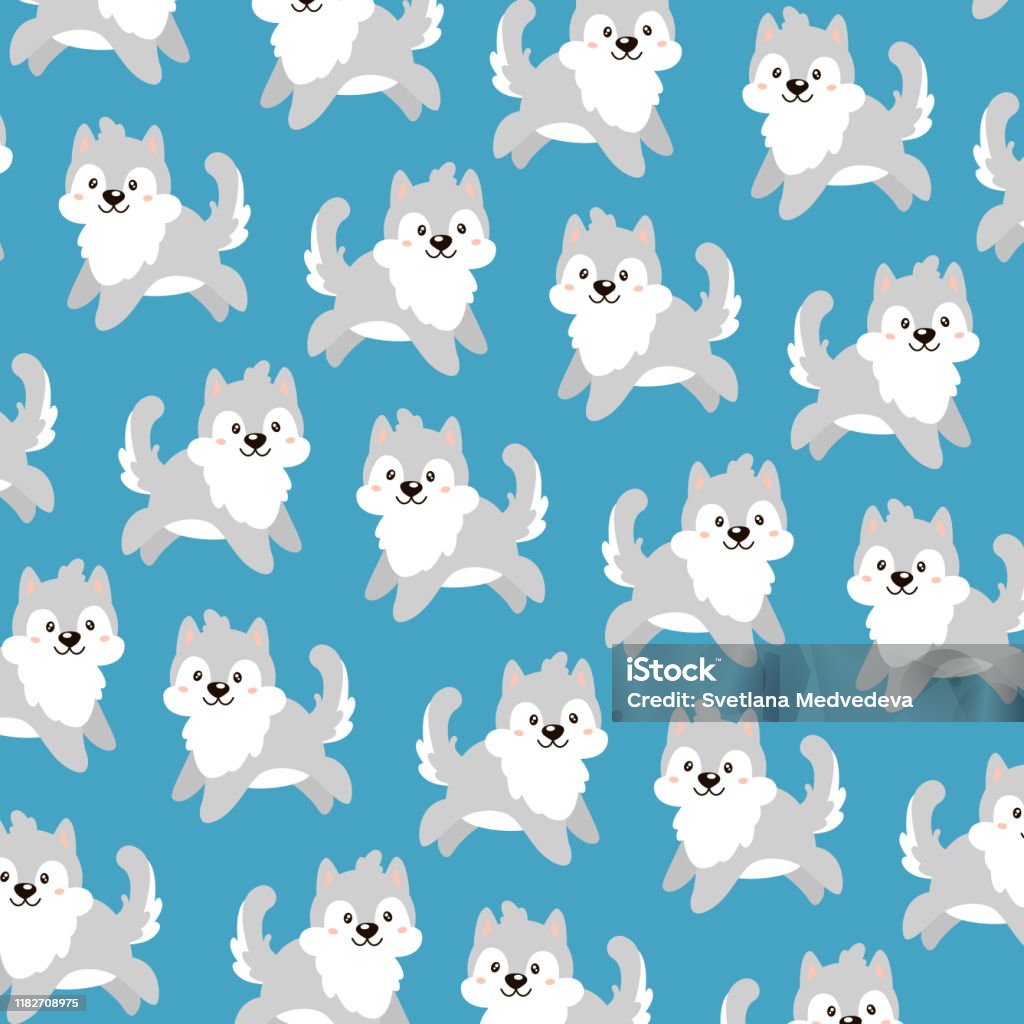 Mẫu Vector Với Những Chú Chó Dễ Thương Kawaii Trên Nền Màu Xanh ...