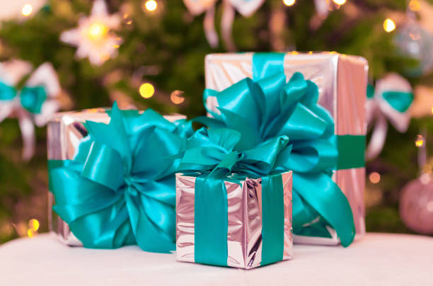 istock Christmas. Christmas decoration, gift box, silver and blue 1182710588