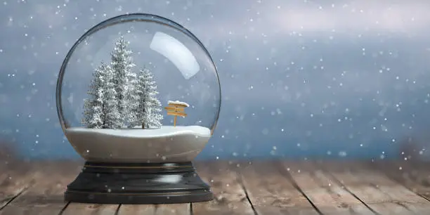 Snow globe with trees on winter snowfall background. 3d illustration