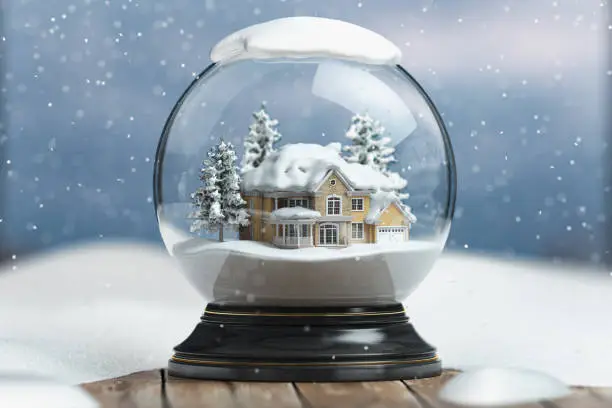 Merry christmas snow globe with a house on snowfall winter background. 3d illustration