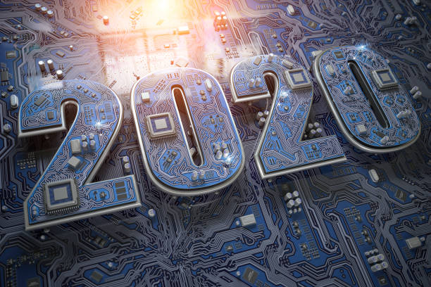 2020 on circuit board or motherboard with cpu. Computer technology and internet commucations digital concept background. Happy new 2020 year.