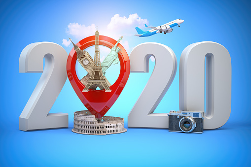 2020 Happy new year. Number 2020 and pin with most popular landmarks of the world. New year celebration in London, Paris, Rome or New York. 3d illustration