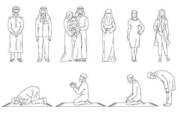 ilustraciones, imágenes clip art, dibujos animados e iconos de stock de el pueblo son musulmanes y árabes, hombres y mujeres. - middle eastern ethnicity illustrations