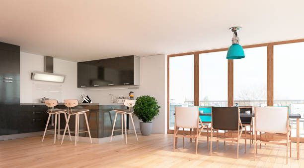 istock Modern interior design of open kitchen and dining room with big windows and terrace, 3d render, 3d illustration 1182718167