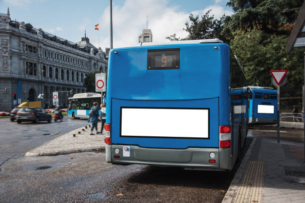 istock Rear view of city bus with blank advertisement panel 1182718272