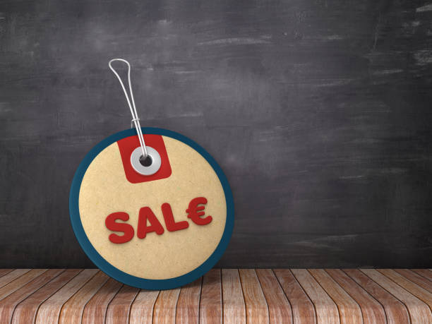 sale circular price tag on chalkboard background - 3d rendering - selling buy cube three dimensional shape imagens e fotografias de stock