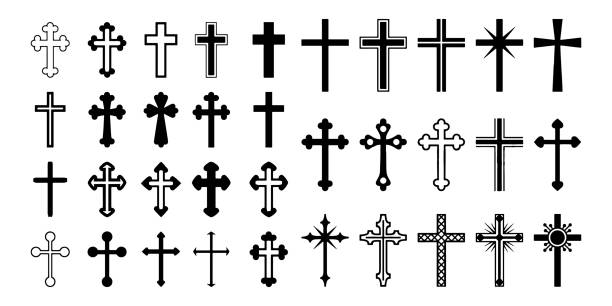 illustrations, cliparts, dessins animés et icônes de définir le symbole de vecteur de croix chrétienne plat et le modèle de contour - cross cross shape religion easter