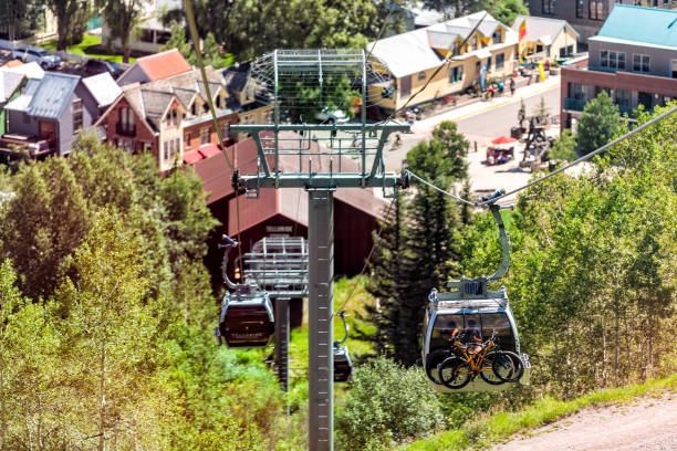pequeña ciudad en colorado con vista de alto ángulo de la ciudad y bicicleta unida a la góndola libre - overhead cable car summer ski lift scenics fotografías e imágenes de stock