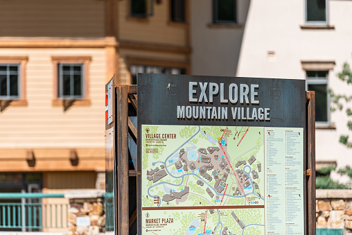Telluride, USA - August 14, 2019: Small town in Colorado with direction map sign for explore Mountain Village in summer