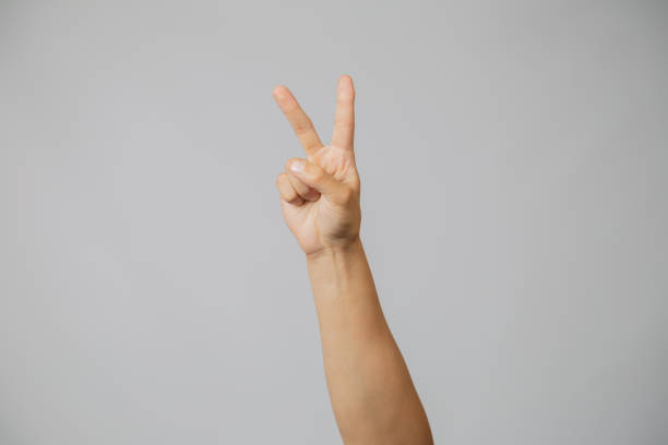 istock Man's hand with number two, hand raising two fingers index up in studio with gray background, symbol of love and peace 1182719943