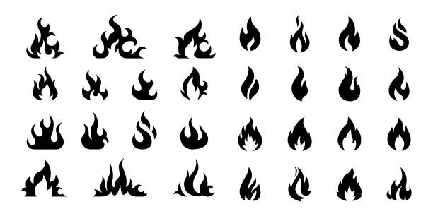 illustrazioni stock, clip art, cartoni animati e icone di tendenza di vettore fuoco fiamma icona impostare simbolo di fuoco su sfondo bianco - flame