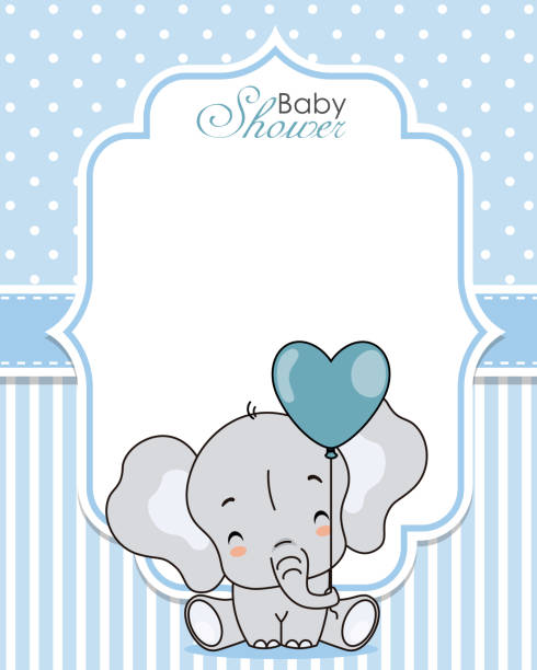 zaproszenie na baby shower. ładny słoń z balonem. - baby shower stock illustrations